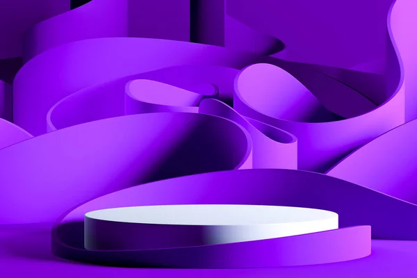 Vitrine ronde bleue avec espace vide sur pied sur fond violet près des vagues abstraites. Rendu 3d . — Photo