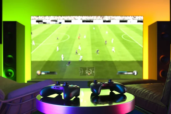 Trådlösa Joysticks På förgrunden, Tv Set Med Fotboll Fotboll Video Game På Bakgrund. 3d-konvertering. — Stockfoto