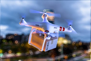 Eczaneden ya da eczaneden ilk yardım ya da ilaç getiren insansız hava aracı. Quadcopter ile Temassız Teslimat. İnternetten alışveriş. 3d oluşturma