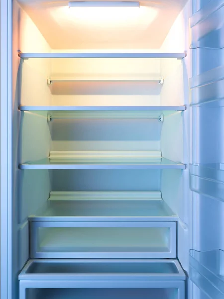 Leere Regale von Kühlschrank oder Kühlschrank. Schaufenster. Diät halten. 3D-Darstellung. — Stockfoto