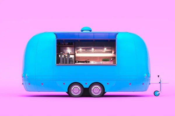 Retro Blue Food Truck mit detailliertem Interieur isoliert auf pastellrosa Hintergrund. Essen und Trinken zum Mitnehmen. 3D-Darstellung — Stockfoto
