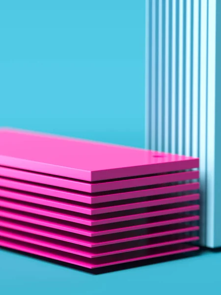 Rosa flerskiktad glansig plast Showcase på ljusblå pastell bakgrund. 3D-återgivning. Kreativ Bakgrund — Stockfoto