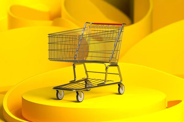 Carrello negozio su vetrina gialla e sfondo astratto giallo. 3d Rendering . — Foto Stock