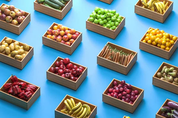 Variedade de caixas cheias de frutas e legumes em fundo azul. Conceito de alimentação fresca e saudável. Renderização 3d . — Fotografia de Stock