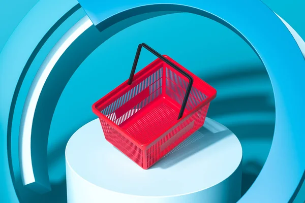 Red Empty Store Basket on Showcase and Abstract Background. Concept of Products Deficiency or Lack of Money. 3d Rendering — Stock Photo, Image