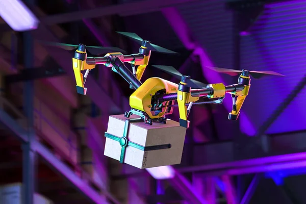 Drone Quadcopter Leverera paket till konsumenten Flying Out från lager eller butik. Kontaktlös leverans. Handla på nätet. 3d-konvertering — Stockfoto