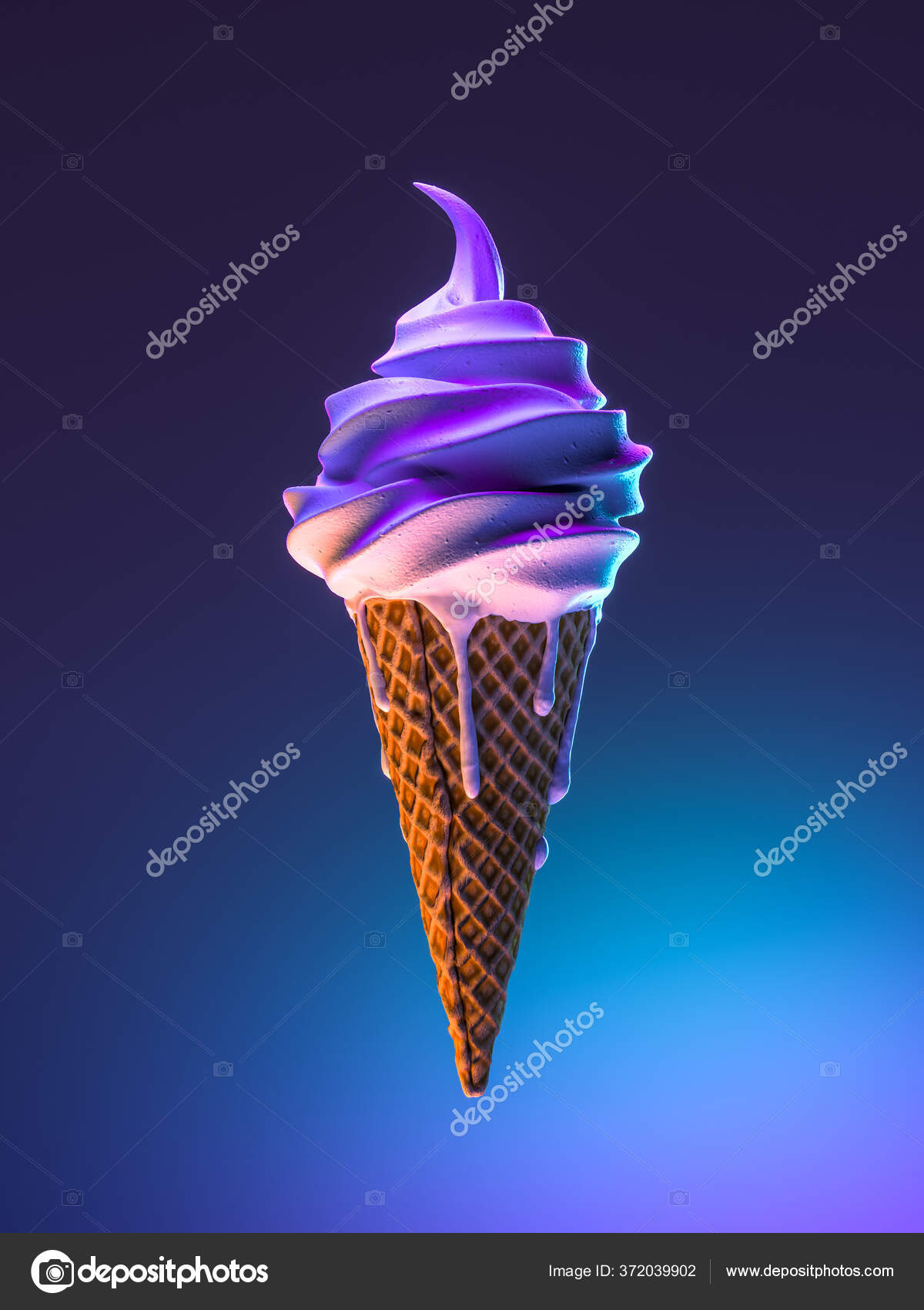 Helado derretido en cono de oblea sobre fondo azul. Cono de yogur congelado  con estilo. renderizado 3d . — Foto de stock #372039902 © ekostsov, image size:1200x1700