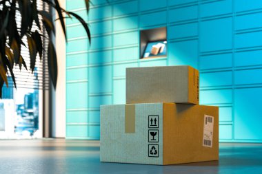 Arka planda self servis posta makinesi olan paketlerin kapatılması. 3d oluşturma.