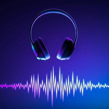 Kulaklıklar ve Müzik Dinamik Dalgaları Mavi Arkaplanda. Ses Dalgaları Şablonu. Müzik Dengeleyicisi. 3d oluşturma