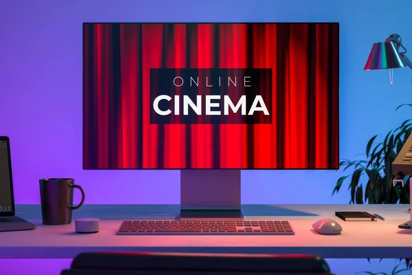 Moderne PC met app voor online films kijken. De Cinema inscriptie met theater Red Velvet gordijnen Achtergrond op Monitor. 3d Rendering — Stockfoto