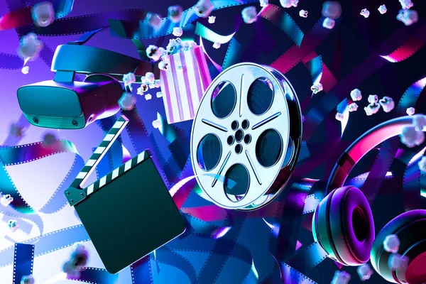 Popcorn, Film Reel, Movie Clapper, Virtual Reality Helmet or VR Goggles and Headphones on Film Tape Background. Online Movie. 3d Rendering. — Stock Photo, Image