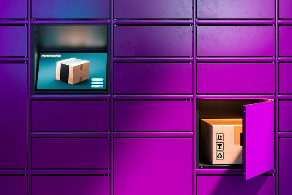 Nahaufnahme von violetten oder purpurfarbenen Selbstbedienungsautomaten und einem geöffneten Schließfach mit Päckchen im Inneren. 3D-Darstellung. — Stockfoto
