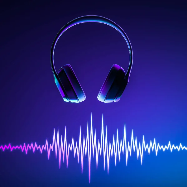 Fülhallgató és zene Dinamikus hullámok kék háttér. Hanghullámok sablonja. Zene kiegyenlítő. 3D-s renderelés — Stock Fotó