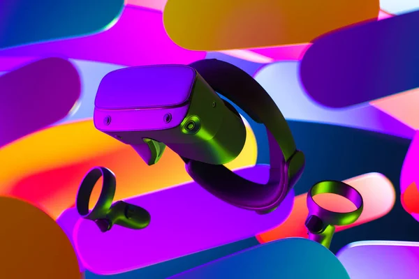Sanal Gerçeklik Miğferi ve VR Kontrolörleri Soyut Çok Renkli Arkaplanda. Sanal Gerçeklik Gözlüğü, Kulaklık. 3d oluşturma — Stok fotoğraf