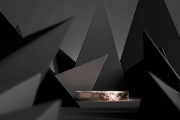 Golden Round Showcase with Empty Space On Pedestal on Black Background Near Sharp Triangular Abstract Figures. 3d rendering