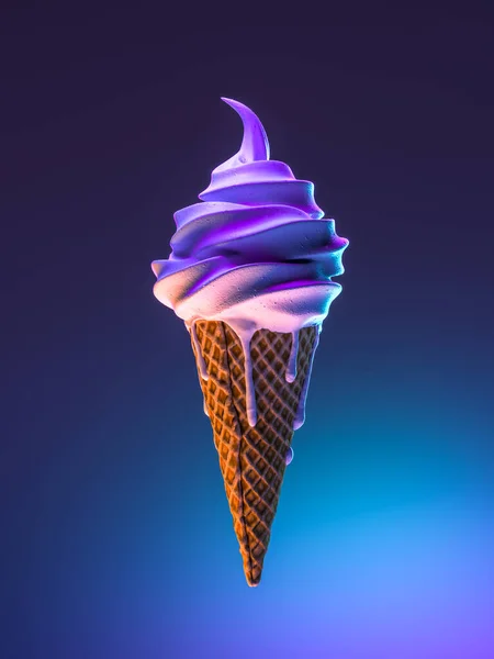 Таяние мороженого в вафельной конус на голубом фоне. Стильный замороженный йогурт. 3d-рендеринг . — стоковое фото