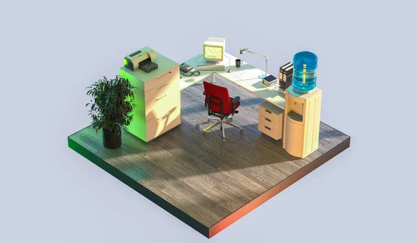 Office Interior in Cut Lit With Sun. Feeling Good and Freely At Work. Quarantine, Isolation. 3d Rendering. — Stock Photo, Image