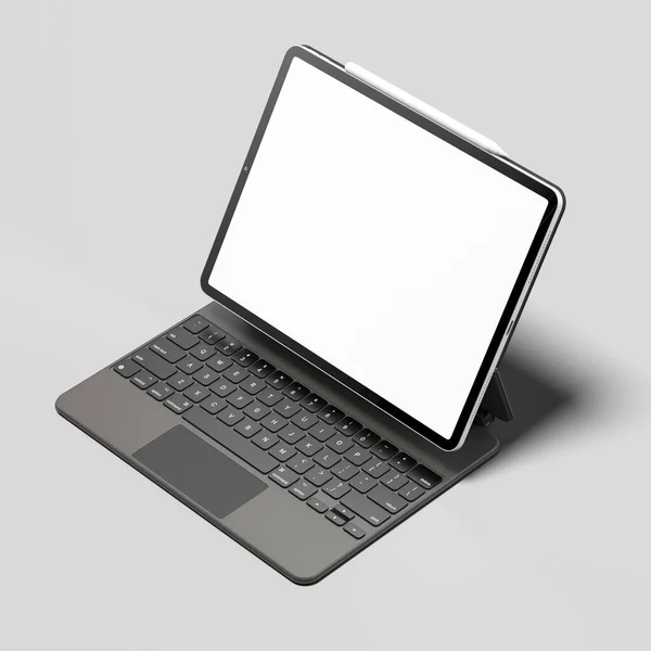 Modern Laptop With White Blank Screen and White Pen Above on Light Gray Background. Minimalism. Copy Space. Empty Space. 3d rendering — Stock Photo, Image