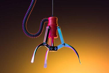 Sarı Gradyan Arkaplan Üzerine Makine Robot Pençesi. Turna oyunu. 3d Hazırlama