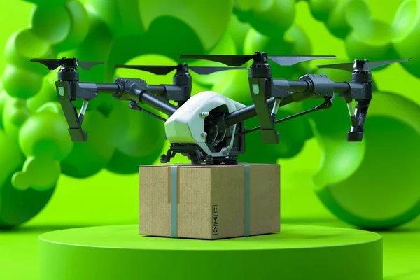 Drone Quadcopter con caja en fondo verde y escaparate. Entrega sin contacto. Control remoto. Compras en línea. renderizado 3d — Foto de Stock