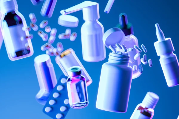 Různé léky a léky, pilulky, tablety, kapsle, aerosoly, spreje, antibiotika, blistry, láhve, kapátka, kontejnery na modrém pozadí. 3D vykreslování — Stock fotografie