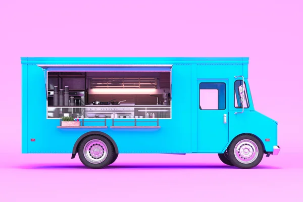 Blue Food Truck With Detailed Interior Isolated on Pastel Pink Background. Cozy Interior With Warm Light. Takeaway Food and Drinks. 3d rendering — Stock Photo, Image