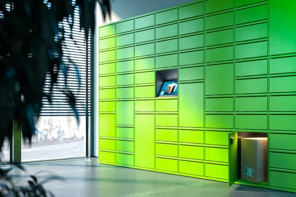 Machine de borne de poste libre-service de couleur vert vif ou chaux et un casier ouvert. Rendu 3d . — Photo