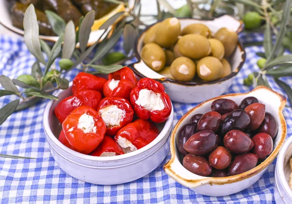 Geleneksel mezeler, Yunan mutfağından yeşil ve kırmızı zeytinler. Taze zeytin dalları. Uzayı kopyala Mavi kareli masa örtüsü.