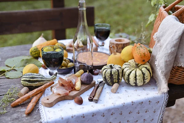 Mesa preparada para el almuerzo en otoño naturaleza, picnic. Cosecha, almuerzo de otoño, vino y copas. Reunión al aire libre. —  Fotos de Stock