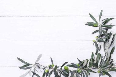 Beyaz ahşap arka planda böğürtlenli taze zeytin dalı. İtalya 'nın geleneksel bitkisi. Metin için boş alan. Düz yatıyordu.