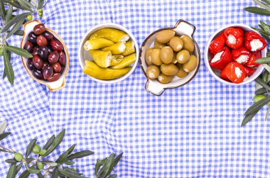 Geleneksel mezeler, Yunan mutfağından yeşil ve kırmızı zeytinler. Taze zeytin dalları. Uzayı kopyala Yukarıdan. Mavi kareli masa örtüsü.