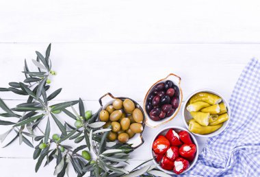 Geleneksel mezeler, Yunan mutfağından yeşil ve kırmızı zeytinler. Taze zeytin dalları. Uzayı kopyala Mavi kareli masa örtüsü.