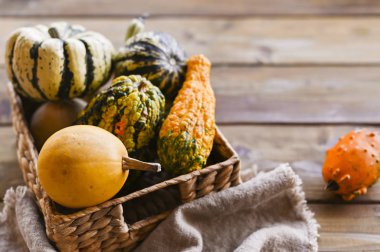 Ahşap bir masada farklı bir Şükran Günü Mini Balkabağı. Şükran Günü konsepti Autumn, Hasat Hasadı sepeti. Peçete eski. Odaklanma seçicidir.