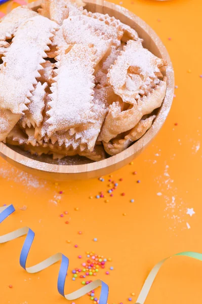 Traditional Italian Carnival Fritters Dusted Icing Sugar Frappe Chiacchiere Sweets — Stock Photo, Image