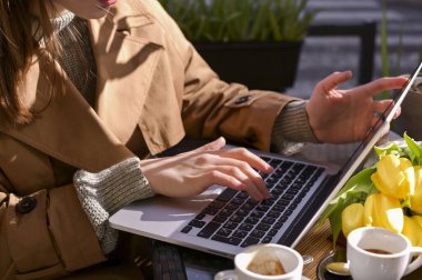 Kafede bilgisayarı olan bir kız. Serbest çalışıyorum. İnternet vasıtasıyla modern çalışma. Laptop ve bir fincan kahve. Boşluğu kopyala