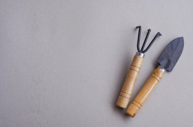 Gri arka planda bahçe için aletler. Üst Manzara. Uzayı kopyala Düz yatıyordu