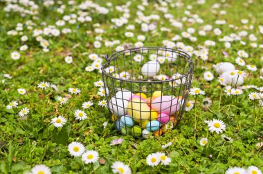 Çimlerde paskalya yumurtası. Farklı renkte yumurtalarla dolu bir sepet ve çiçekler. Aile tatili kavramı, çocuk eğlencesi. Mesaj için boş zaman. Boşluğu kopyala