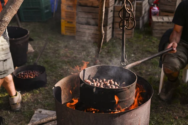 Verkauf Und Rösten Von Kastanien Auf Der Straße Food Fair — Stockfoto