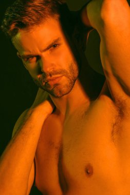 Siyah iç çamaşırlı güçlü kaslı erkek model siyah izole yazı tipi arka planında renkli ışık