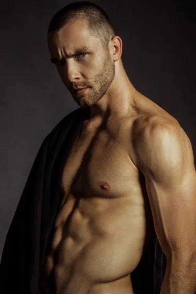 Strong Stripped Muscle Male Model Black Fabric Black Isolated Font — Stock fotografie