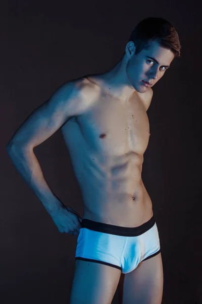 Handsome Sport Sexy Stripped Guy Portrait White Underwear Isolated Black — Stockfoto