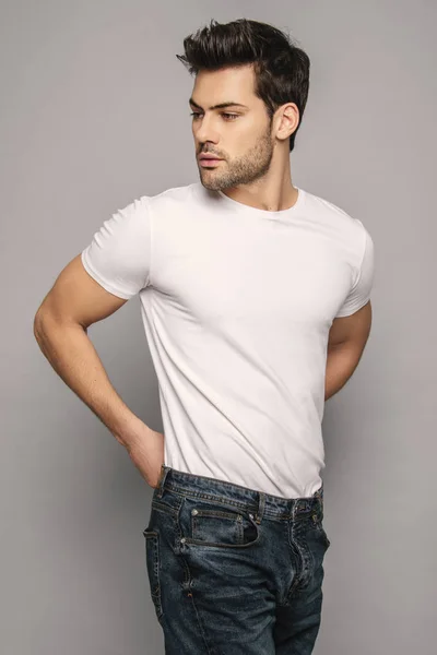 Muscle Strong Face Beautiful Stripped Male Model Portrait Denim Blue — Stock Photo, Image