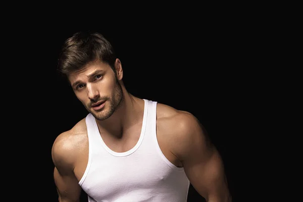 Muscle Strong Beautiful Stripped Male Model White Shirt Denim Gray — Stockfoto