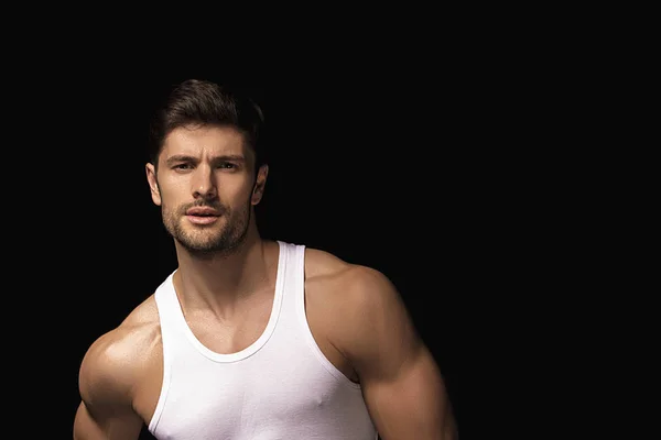 Músculo Fuerte Hermoso Despojado Modelo Masculino Con Camisa Blanca Vaqueros —  Fotos de Stock