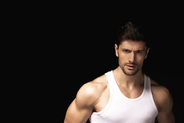 Muscle Strong Beautiful Stripped Male Model White Shirt Denim Gray — Stock Photo, Image