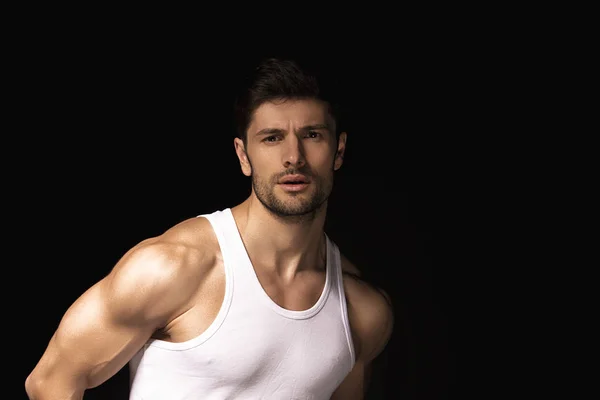 Muscle Strong Beautiful Stripped Male Model White Shirt Denim Gray — Stockfoto