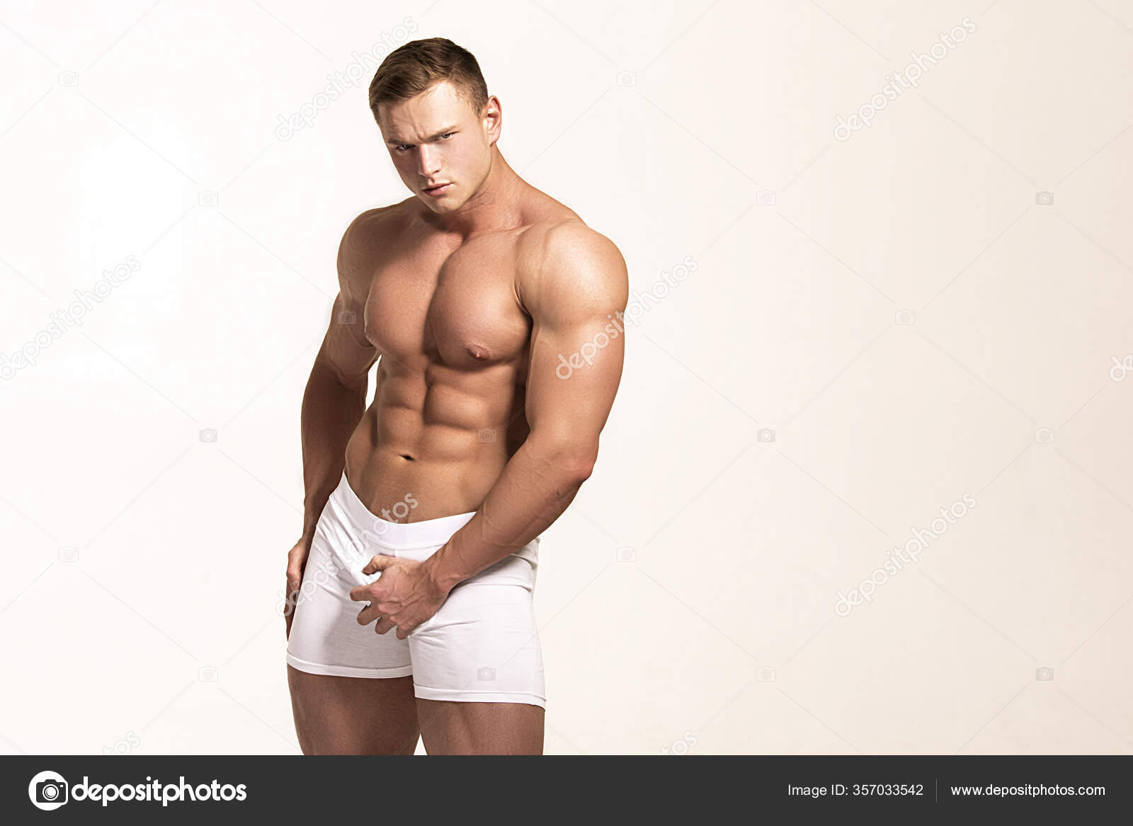 Strong Stripped Muscle Male Model White Underwear Gray Isolated