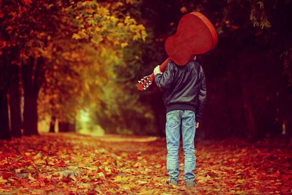 Rapaz com guitarra a andar na estrada do Outono. Visão traseira . — Fotografia de Stock