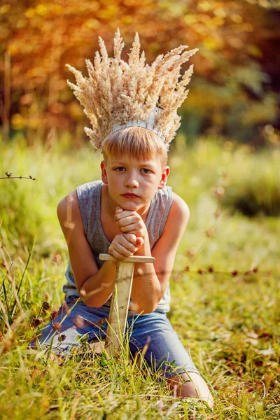 Portrait Boy with a crown on the head and a sword in hands. The thoughtful boy dreams — Stock Photo, Image