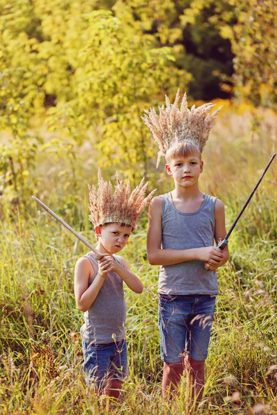 Two Brothers have a crown from dry grass on the head and swords in hands. Joy and play concept. — Stock Photo, Image